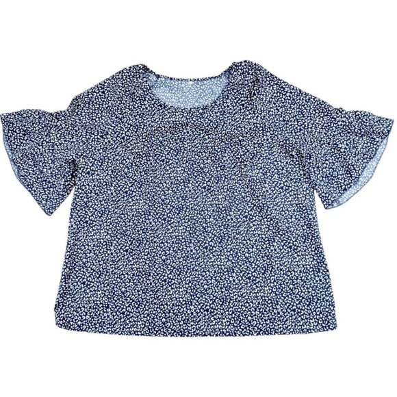 Women's Plus Size 2X Navy Leopard Round Neck Tiered Short Ruffled Sleeve Blouse - Picture 7 of 11